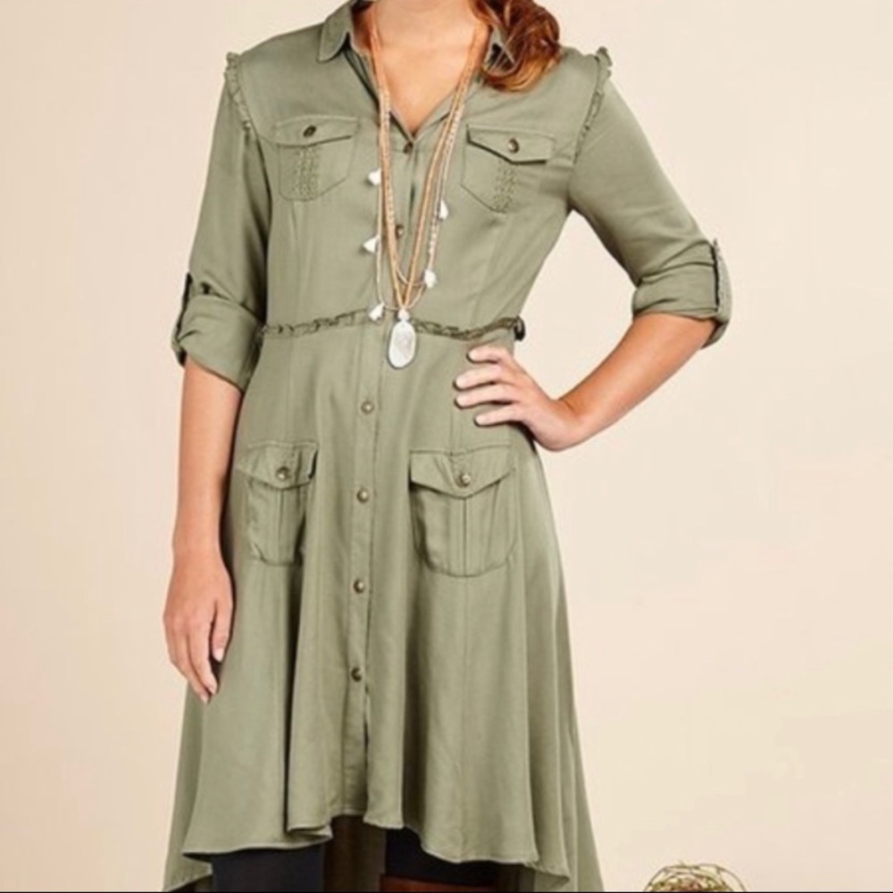 Matilda Jane olive green ruffle button down dress size medium